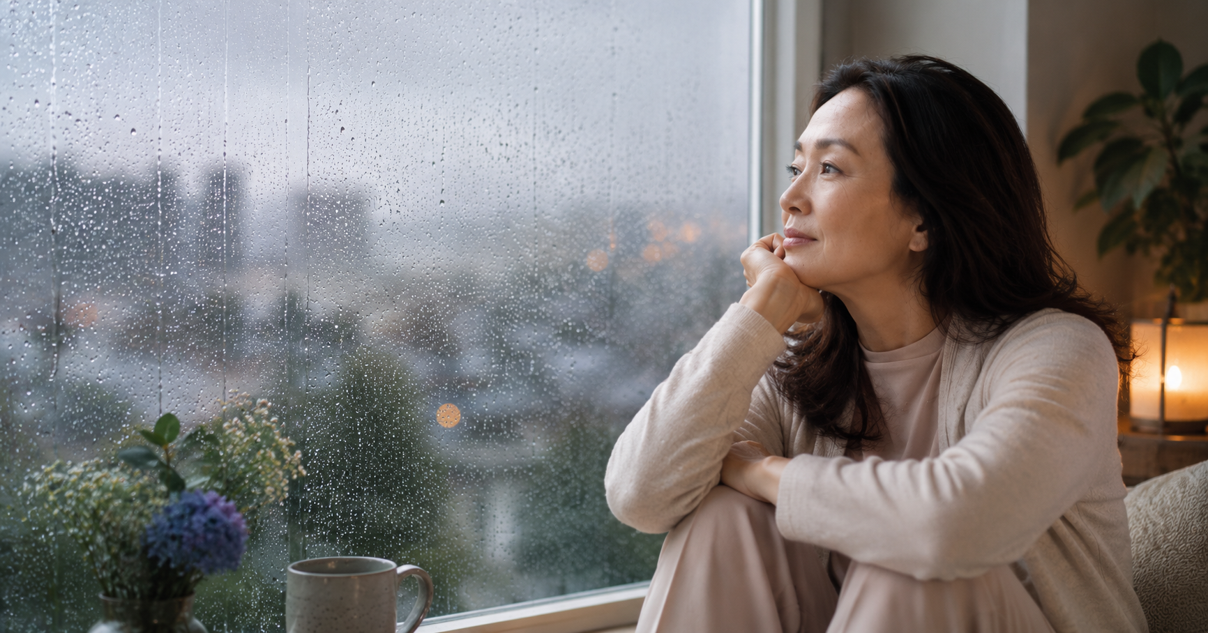 雨の窓辺で外を見つめる50代女性